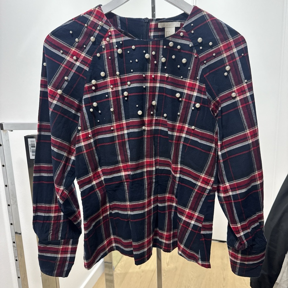 H&M Red and Black Plaid Top with Pearl Details